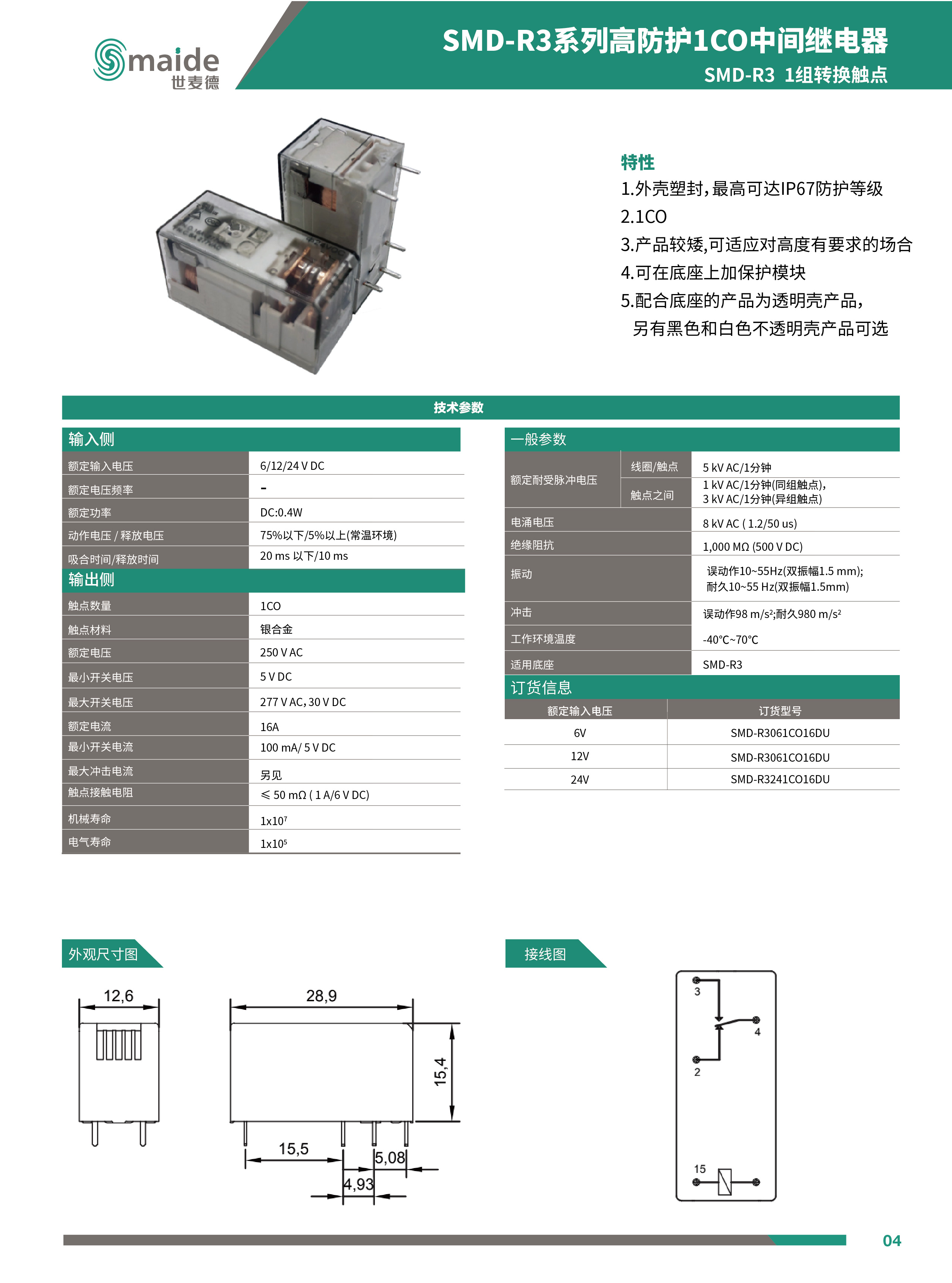 世麥德 SMD-R3系列高防護(hù)1CO中間繼電器